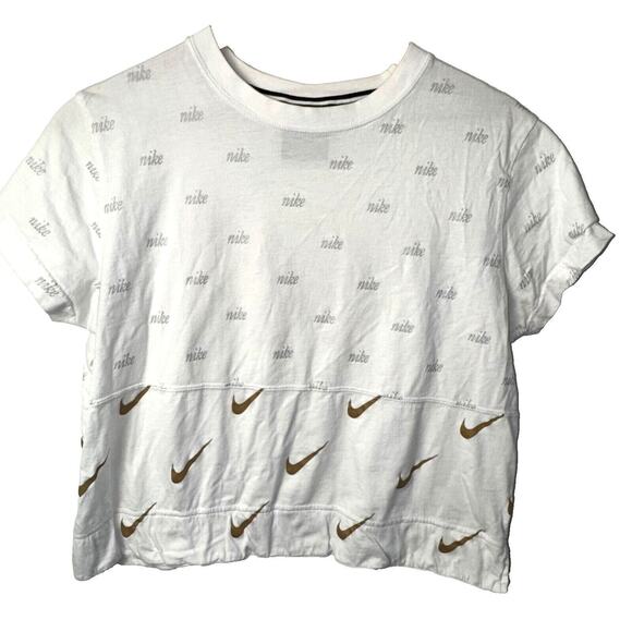 Nike White Gray Gold Logo Cropp Top Tee Size Medium - Picture 1 of 4